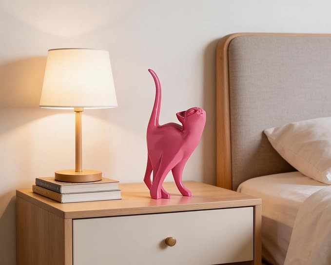 Hot Pink Cat Statue Modern Abstract, Home Office Shelf Decor, 7-Inch Vibrant Assorted Colors, Easy to Match Any Decor Style