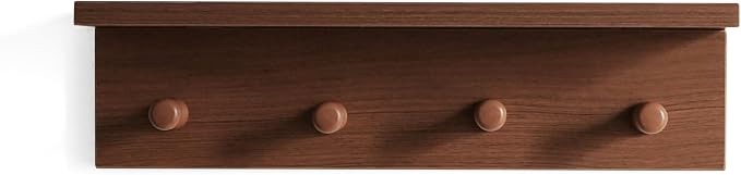 Wall Mounted Coat Rack with Shelf, Wooden Entryway Hooks, Teak Finish | Adjustable rail with movable wood hooks