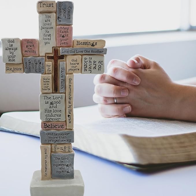 Cross Sculpture with Christian Words and Sayings Crossword Table Inspirational Figurine Cross for Home Decor Christian Gifts