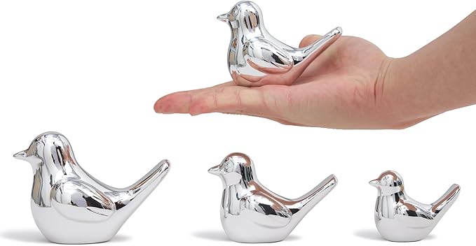 Small Silver Bird Statue Ceramic 2-Piece Set, 3¾ inch Cute Knick Knack for Home Office Shelf Desk Decor