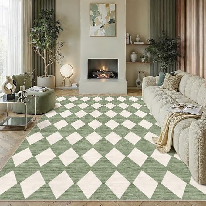 PureCozy Machine Washable 8x10 Area Rugs for Living Room Modern Soft Green and White Checkered Rug Non-Slip Low Pile Accent Indoor Office Carpet for Bedroom Dining Room Nursery Classroom