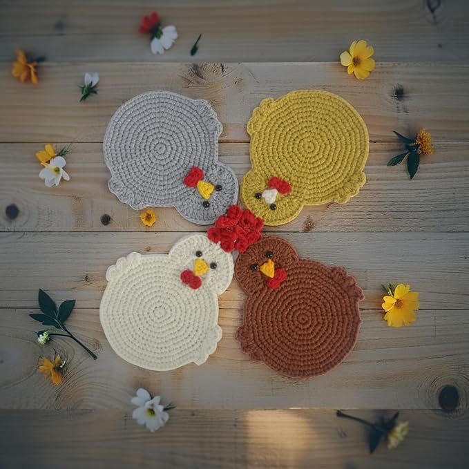 Handmade Crochet Chicken Coasters Set of 4, Stuffed Animal-Themed Drink Coasters, Cute Desk Accessories, Home Decor, Tabletop Protection, Crazy Chicken Lady Must Have (Style 2)