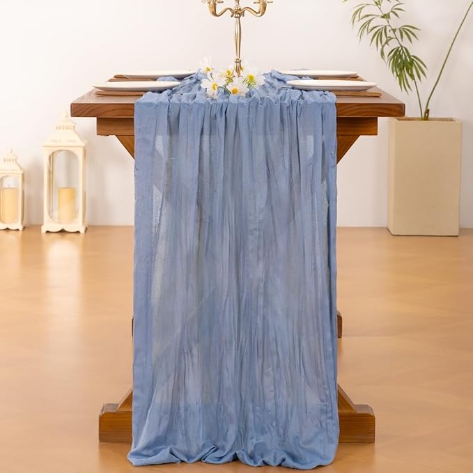 Socomi 3pcs Dusty Blue Easter Spring Cheesecloth Table Runner Boho Rustic Gauze 120 inch 10FT Cheese Cloth Runner for Wedding Party Baby Shower Birthday Home Decor Holiday Decorations