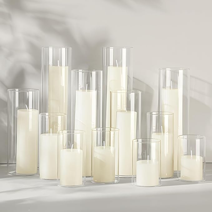 Shihanee Set of 12 Pillar Candles and Glass Cylinder Vases Assorted Sizes Cylinder Holders for Pillar Candles Home Table Centerpieces Wedding Party Decorations (Ivory)