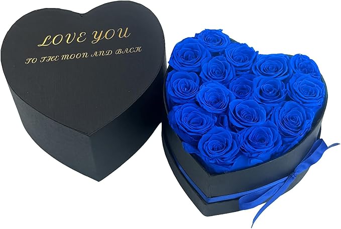 Preserved Roses Heart Shape Box Valentines Day Gifts for Her Mothers Day Forever Flowers (Blue, 16 Roses)