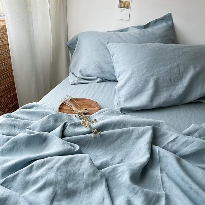 Simple&Opulence 100% Linen Pillowcases Basic Style Solid Color Set of 2, King Size Stone Washed Flax Pillow Cover Envelope Closure (20''x40'', Dusty Blue)