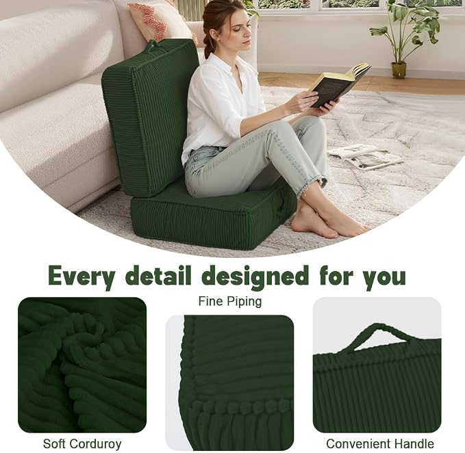 Meditation Floor Pillow for Adults, 8" Extra Thick Floor Cushion for Sitting with Washable Cover, Large Corduroy Meditation Pillow, 22 inches Tatami Seat with Handle for Yoga Pillow, Green