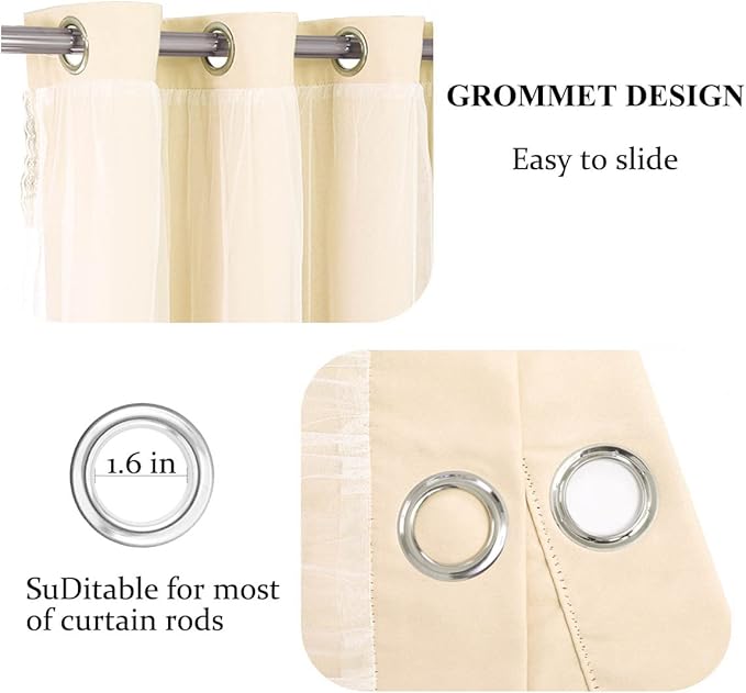Beige Blackout Curtains with Sheer 54 Inches - Double Layered Short Blackout Curtains with Voile Sheer Drapes for Kids/Girls Bedroom Nursery Living Room, Biscotti Beige, 2 PCs