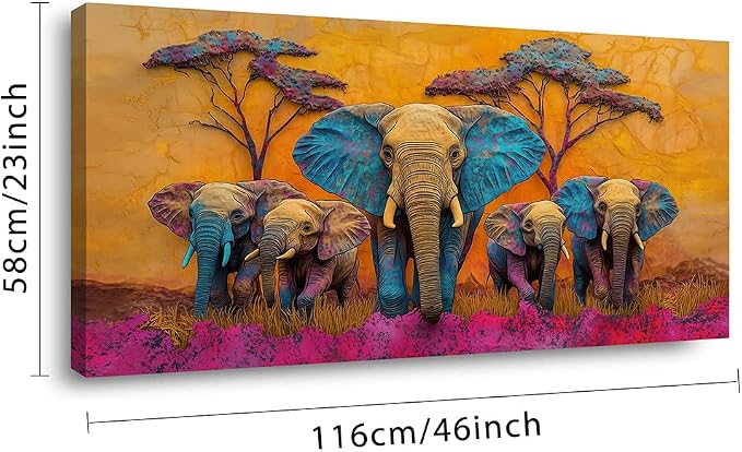 Ggaafet Colorful Elephant Wall Art for Living Room Canvas Painting Prints Beautiful Cute African Purple Surreal Art Deco Modern Artwork Office Bedroom Family Dining Room Decor Large