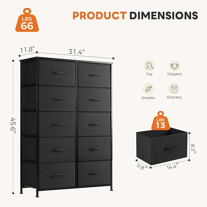 Sweetcrispy Black Dresser for Bedroom, 10 Drawer Tall Dresser, Fabric Storage Tower with Bins, Chest Organizer Unit for Bedroom Closet, Hallway, Steel Frame Wood Top, Easy Pull Handle
