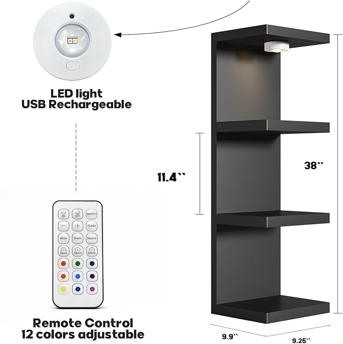 4-Tier Wall Shelf Unit with USB Rechargeable Led Light (Remote Controlled),Versatile Floating Display Shelves,Lack Style Wall Shelves for Bedroom,Living Room,Office Decor,Vanity-Black