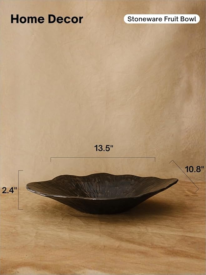 WENSHUO Stoneware Fruit Bowl for Kitchen Counter,Large Decorative Bowls for Home Decor,Handmade Perfect Centerpiece for Table, Island,or Counter,Ink Black Color Reactive Glaze 13.5" L × 10" W