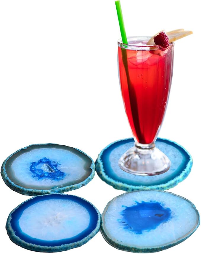 AMOYSTONE 4pcs Agate Gemstone Coasters Cup Holders Drinks Stone Mat Light Blue 4-5" with Rubber Bumper