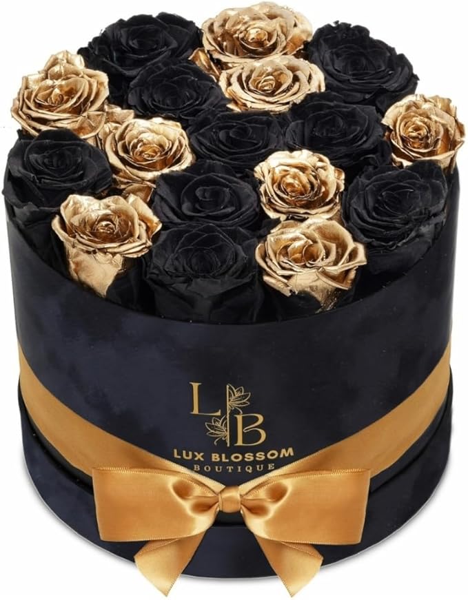 17 Black & Gold Forever Roses, Velvet Box - Luxury Black Roses for Mothers Day, Mothers Day Roses, Gifts for Women, Mother's Day Flowers for Mom, Black Roses for Delivery Prime