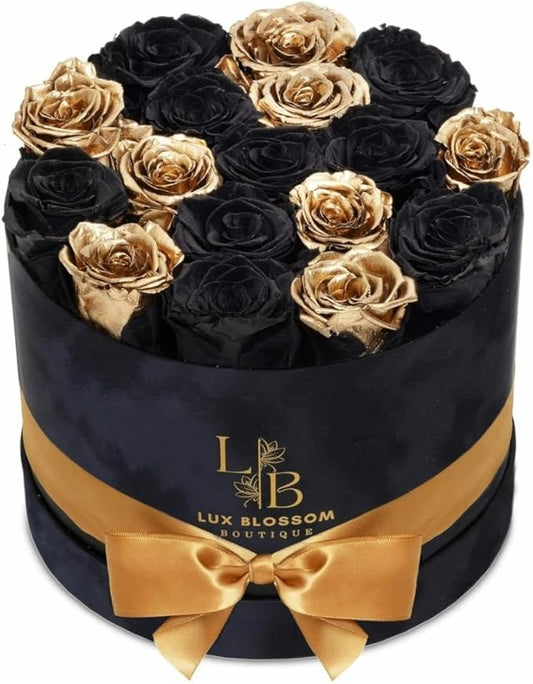 17 Black & Gold Forever Roses, Velvet Box - Luxury Black Roses for Mothers Day, Mothers Day Roses, Gifts for Women, Mother's Day Flowers for Mom, Black Roses for Delivery Prime