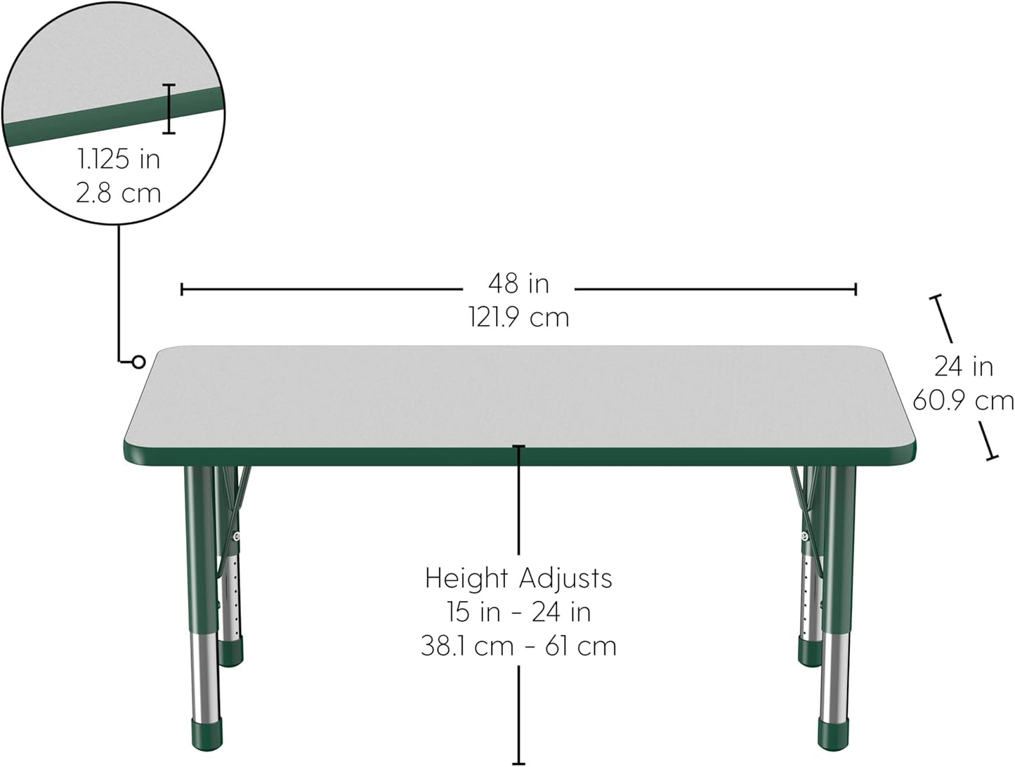 FDP Rectangle Activity School and Kids Classroom Table (24 x 48 inch), Toddler Legs, Adjustable Height 15-24 inches - Gray Top and Green Edge