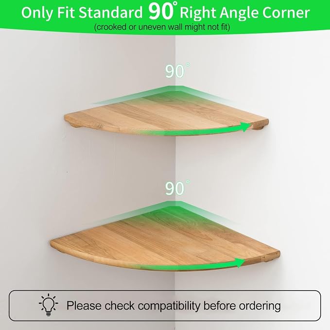 Corner Shelf, 7inch Solid Oak Wood Floating Corner Shelf Wall Mount Round End Floating Speaker Shelves with Wire Hole for Small Plant Photo Frame for Bedroom Kitchen, Living Room