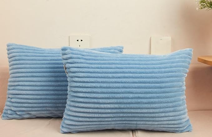 TangDepot Velvet Big Corduroy Pillow Covers 12x24 Light Blue 2-Pack | Soft wide-stripe corduroy pillow cover, hidden zipper, machine washable, easy refresh, for bedroom living room indoor outdoor