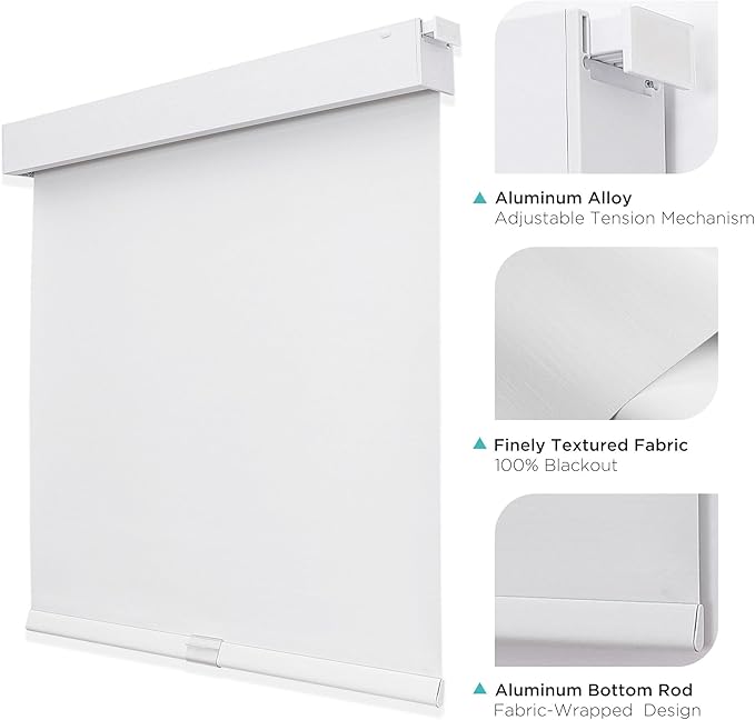 Joydeco No Drill Blackout Shades, Free-Stop Cordless Roller Shades, UV Protection, Thermal Insulated Blinds for Indoor Windows, Easy Install Window Blinds for Home and Office (White, 15" W x 48" H)
