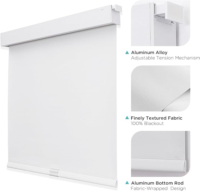 Joydeco No Drill No Tools Blackout Shades, Free-Stop Cordless Roller Shades, Thermal Insulated Blinds for Indoor Windows, Easy Install Window Blinds for Home and Office (White, 33" W X 75" H)