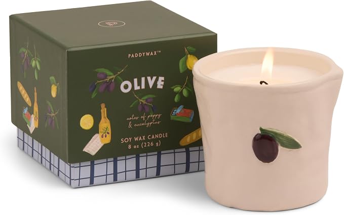 Paddywax Bistro Hand Painted Scented Candle in Ceramic Reusable Food-Safe Jar with Gift Box, Soy Candle with Approx. 56 Hour Burn Time, Fig & Olive, 8 oz