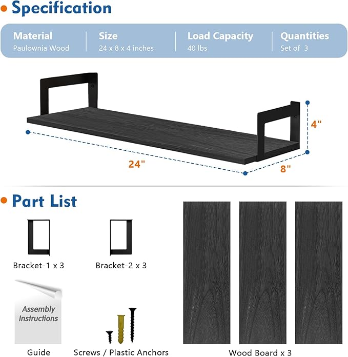 Harwaya 24 Inch Floating Shelves for Wall Set of 3, Wall Mounted Bookshelf, 8 Inches Deep Hanging Book Shelves for Living Room Bedroom Office Decor Closet Storage (Black)