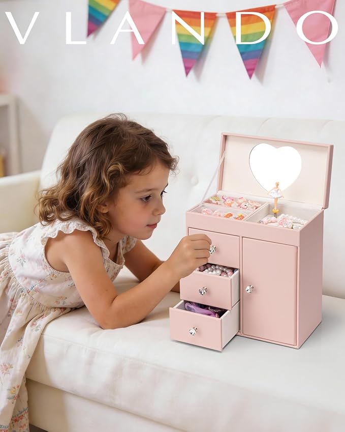 VLANDO Musical Jewelry Box for Girls, Large Kid Music Box with Ballerina for Birthday Bedroom Decor, 4 Layer Girl Jewelry Gifts for Girls Kids - Pink