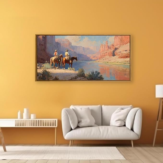 QTUSYUR Western Cowboy Wall Art - Large Farmed Desert Landscape Art Print -Rodeo Horseback Riding Canvas Artwork for Farmhouse Boys Bedroom Living Room- Mid-Century Modern Wall Picture for Home Decor 20×40 IN
