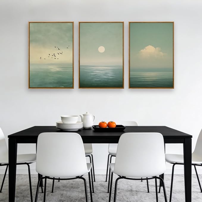 QTUSYUR Japandi Wall Art - Large Farmed Minimalist Sage Green Sunset Art Print - Abstract Calm Seascape Artwork for Bedroom Yoga Room - Scandinavian Zen Peaceful Wall Picture for Home Decor 16”×24”×3