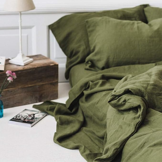 Simple&Opulence 100% Linen Duvet Cover Set 3pcs Basic Style Natural French Washed Flax Solid Color Soft Breathable Farmhouse Bedding with Button Closure - Olive Green, Full