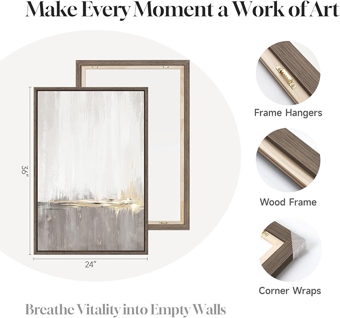 Framed Grey White Abstract Wall Art for Living Room, 3 Piece Large Gold Neutral Canvas Prints Artwork for Walls, Gray Modern Minimalist Paintings Pictures for Home Office Hallway Wall Decor, 24X36 In