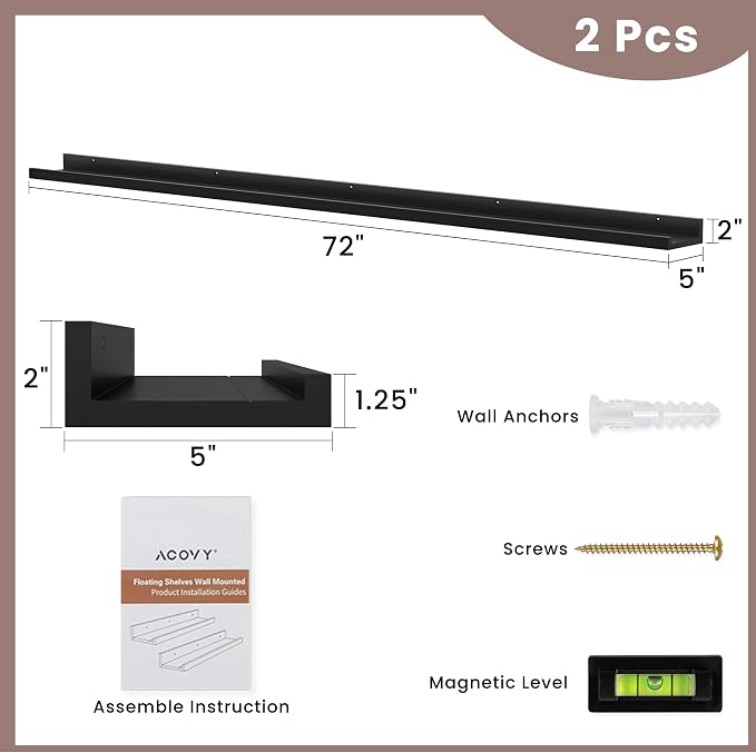 Acovy Long Floating Shelves for Wall, 72 inch Solid Wood Picture Ledge Shelf, Picture Shelf for Wall with Ledge, Floating Book Shelves for Living Room Bedroom Kitchen Nursery Decor, Black, Set of 2