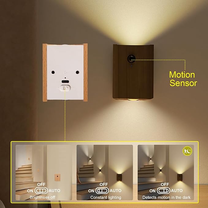 LANDGOO 2-Pack Wood Step Light with Motion Sensor, Rechargeable Stair Night Light Set, Beech Wood 2700K Warm White LED Wall Lamps, Easy No-Wire Installation for Hallway Bedroom Staircase