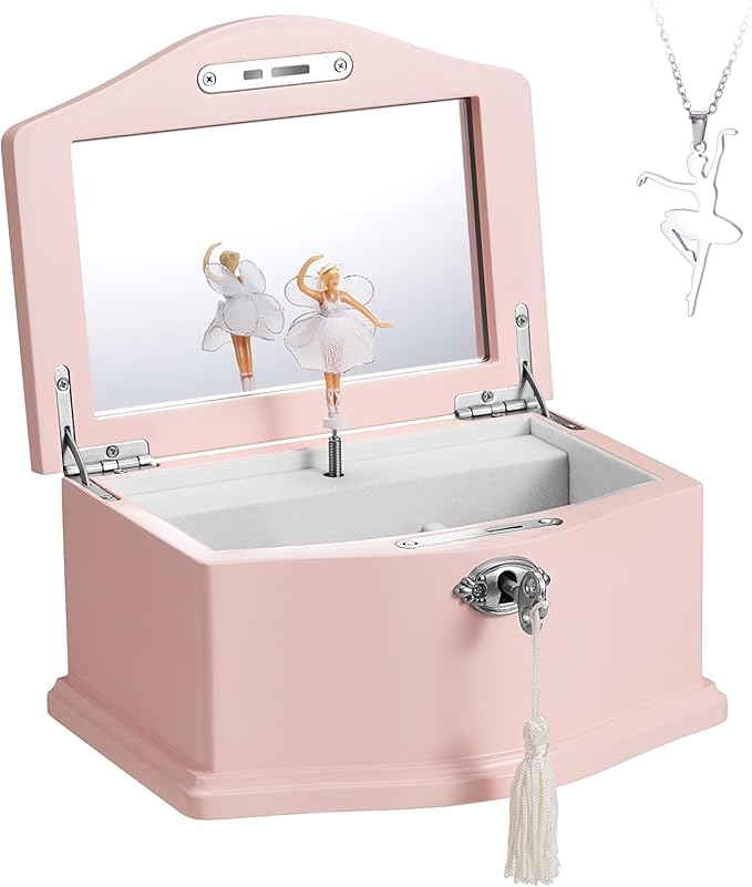 Medium Pink Ballerina Musical Jewelry Box with Mirror and Lock for Girls,Pink Kid's Jewelry Storage Music Chest,Gifts for Christmas,New Year and All Hoidays