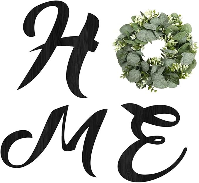 Pinkpum Wood Home Sign with Artificial Eucalyptus Wreath for O, Hanging Farmhouse Wall House Decor Wood Letters for Wall Art Rustic Home Decor, Wall Decor for Living Room Kitchen Entryway (Black)