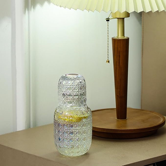 Bedside Water Carafe and Glass Set, Vintage Floral Glass Carafe with Tumbler Cup, 15oz Nightstand Water Pitcher for Bedroom, Decorative Mouthwash Decanter for Bathroom, Colorful Glassware