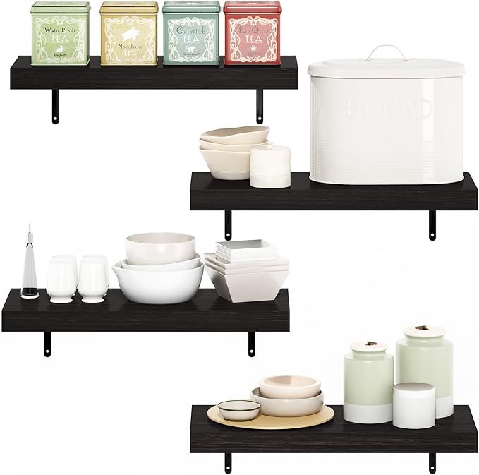 Furinno Tanna Floating Shelves for Wall Set of 4, 22-Inch Wall Shelf, Triple Thick Floating Mounted Shelf, for Bathroom, Home Office, Living Room, Tobacco Oak