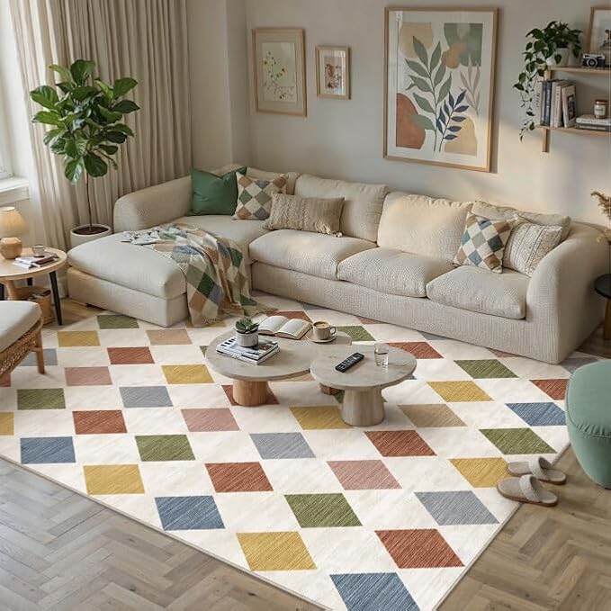 PureCozy Machine Washable 8x10 Area Rugs for Kids Room Modern Soft Colorful Checkered Rug Non-Slip Low Pile Accent Indoor Office Carpet for Nursery Bedroom Living Dining Classroom