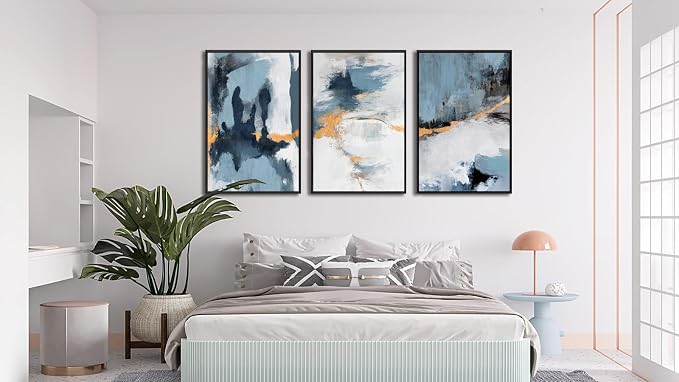 Large Framed Abstract Wall Art - Natural Framed Canvas Pictures for Living Room Modern Canvas Prints Grey Blue for Bedroom, Black Float Frame Art for Home Office Kitchen Decor 16" X 24" X 3pcs
