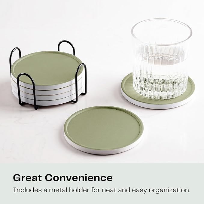 Set of 6 Olive Green Coasters with Holder, Absorbent Ceramic Drink Coasters with Cork Backing for Table Protection, Table Decor, Housewarming Gifts