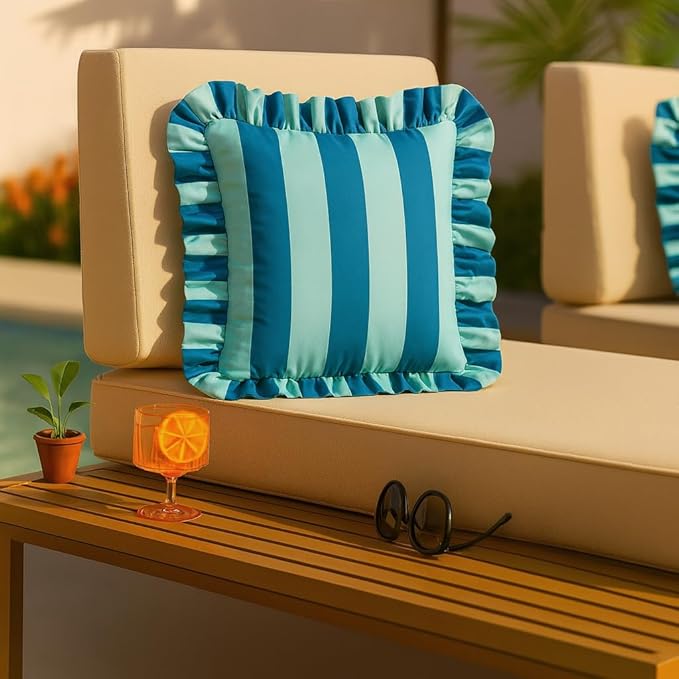MONDAY MOOSE Decorative Throw Pillow Covers, Set of 2 Water-Resistant Striped Design with Ruffle Edge for Outdoor/Indoor Use, Pillow Inserts Not Included (20x20 inch, Blue/Light Blue)