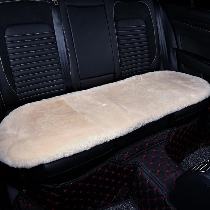 OGLAND Fuzzy Genuine Sheepskin Car Rear Seat Covers for Kids Dogs Pets Auto Fluffy Back Cushions Interior Accessories with Soft Wool Natural Fur, Pearl