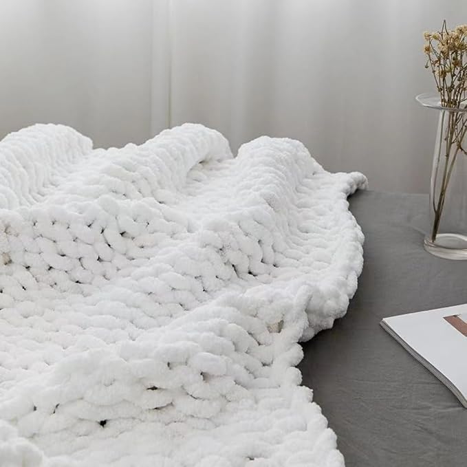 Soft Chunky Knit Throw Blanket for Couch, Cozy Warm Knitted Blankets | Hand Knit with Jumbo Chenille, Lightweight Warm Fluffy Decor for Women, Mom, Her & Girls, Sofa, Chair, Bed, 48"×71" (White)
