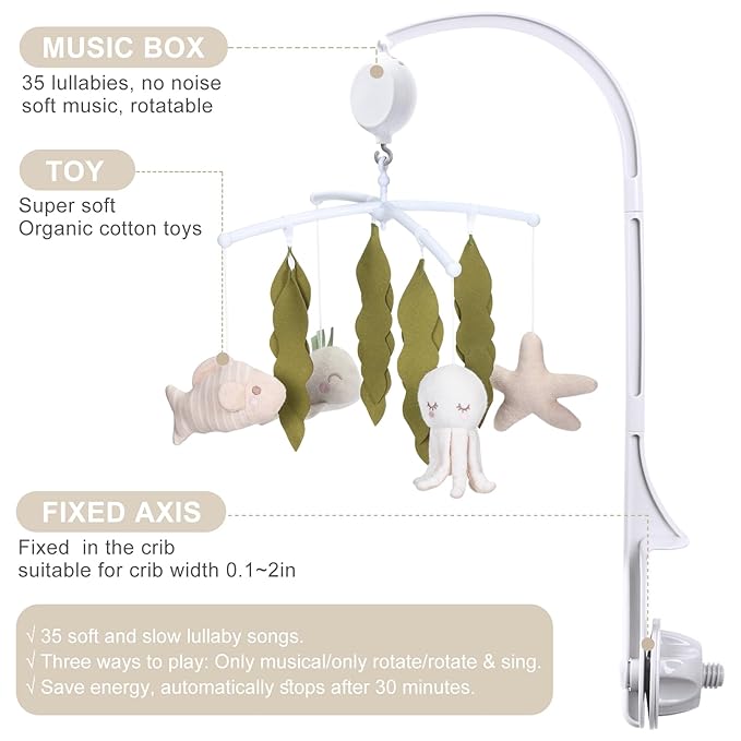 Crib Mobile 35 Lullaby Music,Cotton Baby Mobiles for Cribs & Pack N Play, Easy to Install, Stuffed Animals Hanging Toys Newborn Boys & Girls, Ocean Nursery Decor