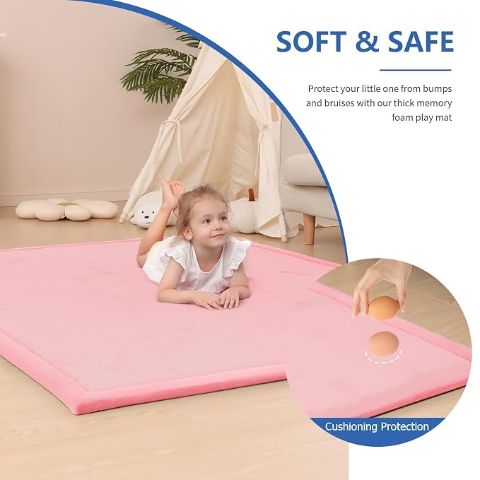 Huloo Sleep Baby Play Mat for Floor,1.3" Thick Elasti-Foam 74×50 Playpen Mat for Toddlers Infant kids,Water-Repellent Soft Coral Velvet for Tummy Time, Non-Slip Backing for Crawling,Tatami Style(Pink)