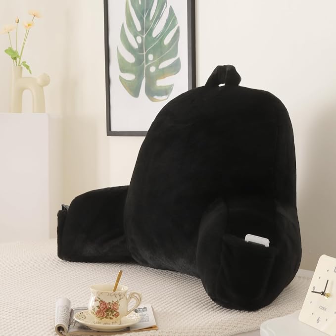 Large Plush Backrest Pillow for Sitting in Bed,Faux Fur,Black | 19" Back Pillow with Arms Supports Adults,College Students,Elbows & Forearms for Dorm Reading,Gaming,Watching TV
