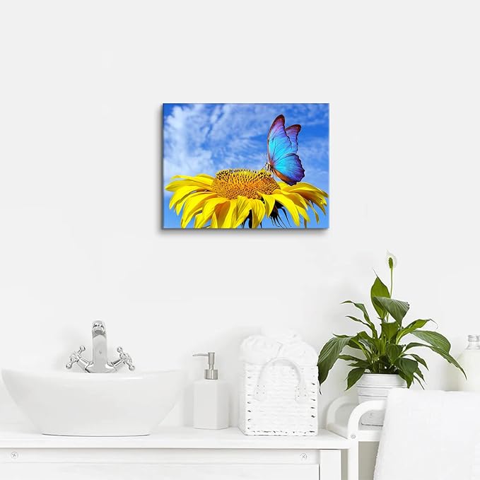 Sunflower Wall Art Bathroom Decor Butterfly Pictures Blue Sky Nature Landscape Canvas Prints Kitchen Sunflower Painting for Living Room Artwork Yellow Floral Posters Bedroom Home Decorations 12x16"