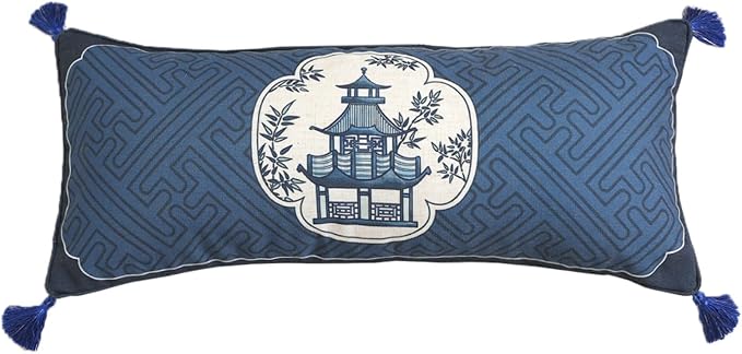 bilin gaier Designer Vintage Linen Throw Pillow Cover,28"x12"-Suqing B | Chinoiserie Elegant Rectangular Blue Pillow Cover,Concealed Zipper,Sofas,Bedroom,Living Room,Dining,Lounge Chairs