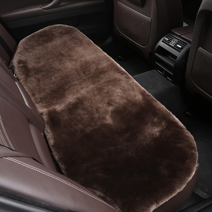 OGLAND Fuzzy Genuine Sheepskin Car Rear Seat Cover for Kids Dogs Pets Auto Bench Back Cushion Interior Accessories with Soft Fluffy Wool Natural Fur, Teak Brown