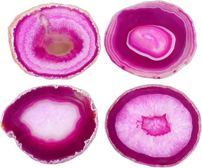 Geode Agate Slice Coasters Dyed Pink 3-4" Set of 4 Crystal Decorations Art Coaster Stone Bar Sets for the Home Drinks